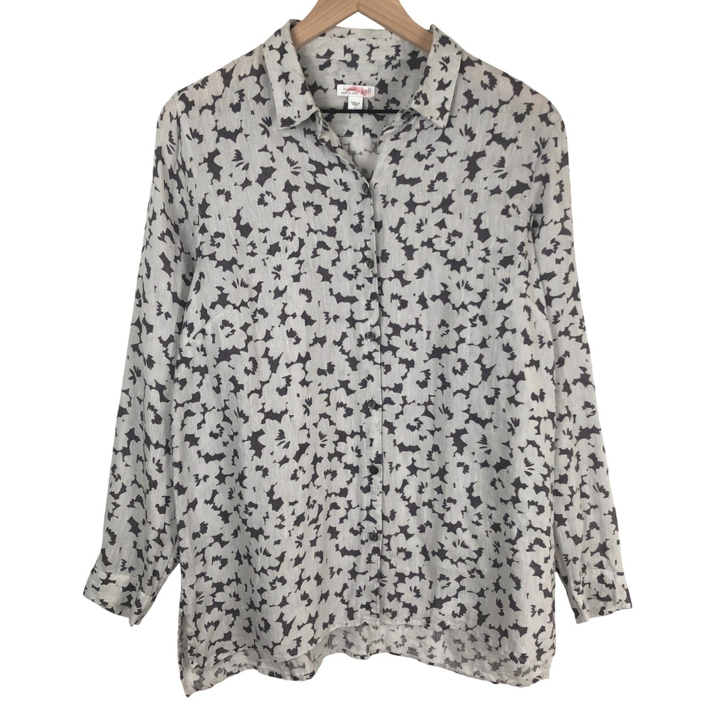 J. JILL Love Linen Essential Shirt Women's S Grey Black Abstract Floral Button